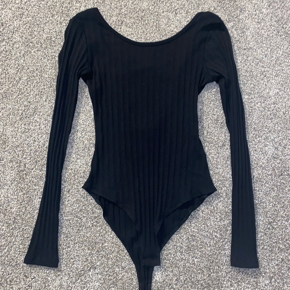 black ribbed bodysuit with cross back